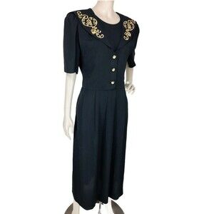 Vintage 80s Black Textured Gold Embroidered Collar Puff Half Sleeve Maxi Dress